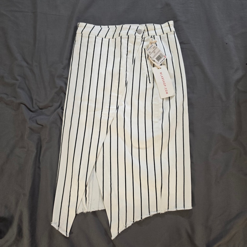 Wash Lab Denim Sally Asymmetrical Skirt 27 Black White Dtriped Midi NWT Raw Hem